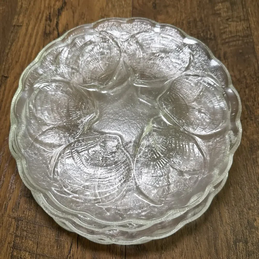 Toscany Clear Glass Oyster Decorative Plate 8” Half Dozen Oyster Motif Set 4 Vtg